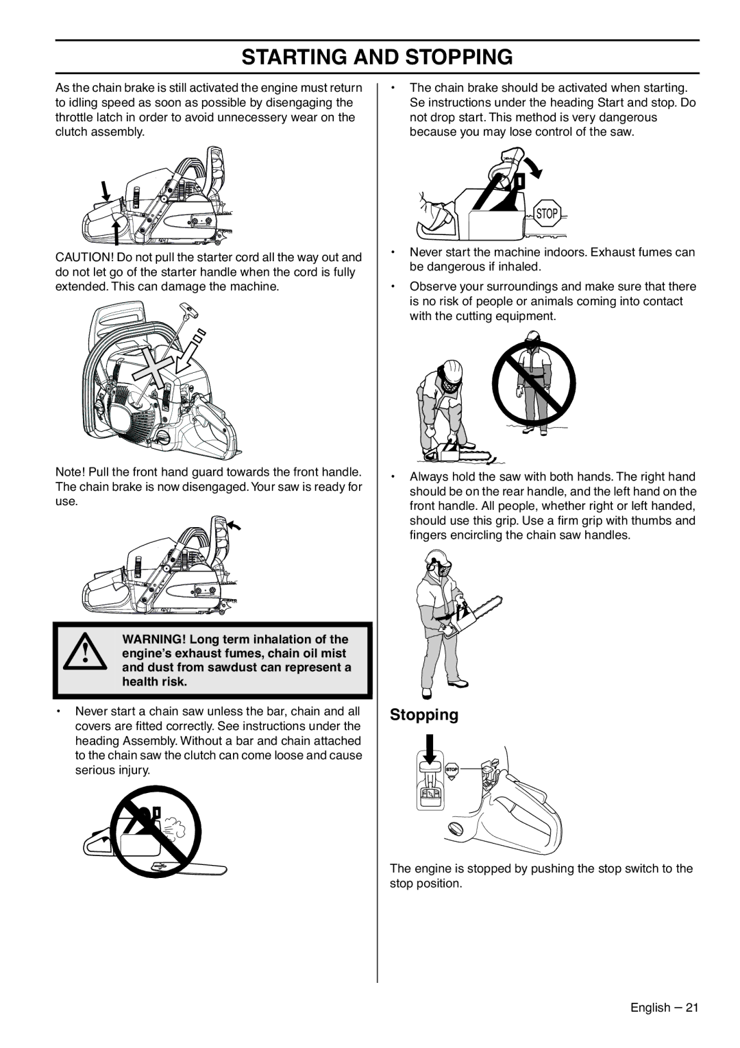 RedMax G5300 manual Stopping, Health risk 