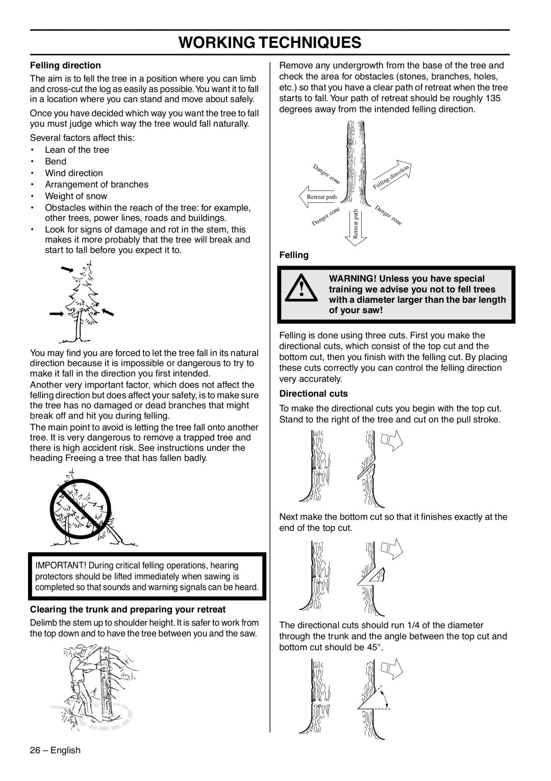 RedMax G5300 manual Felling direction, Clearing the trunk and preparing your retreat, Directional cuts 