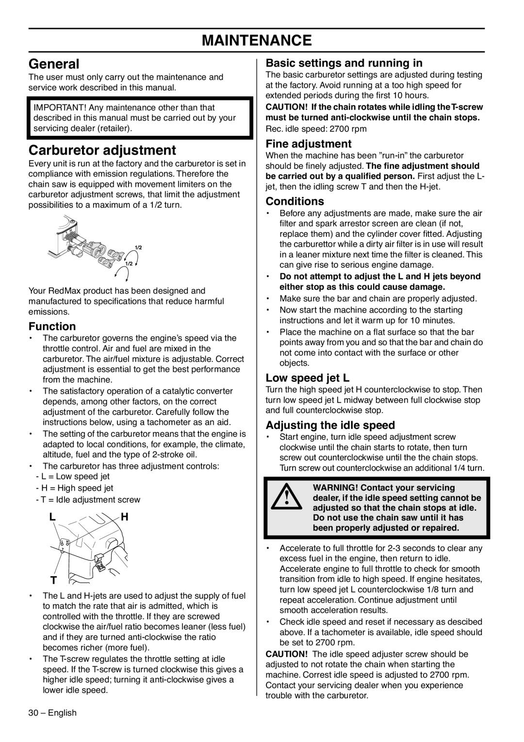 RedMax G5300 manual Maintenance, General, Carburetor adjustment 