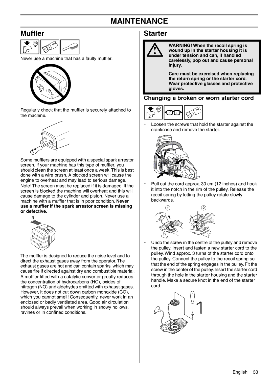 RedMax G5300 manual Mufﬂer, Starter, Changing a broken or worn starter cord 