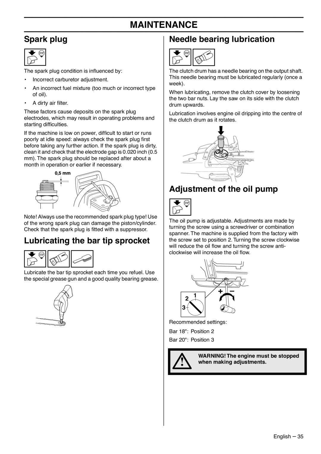 RedMax G5300 manual Spark plug, Lubricating the bar tip sprocket, Needle bearing lubrication, Adjustment of the oil pump 