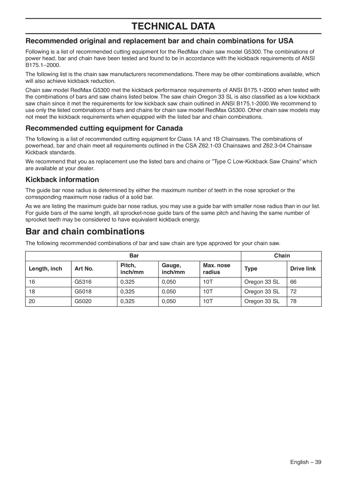 RedMax G5300 manual Bar and chain combinations, Recommended cutting equipment for Canada, Kickback information 