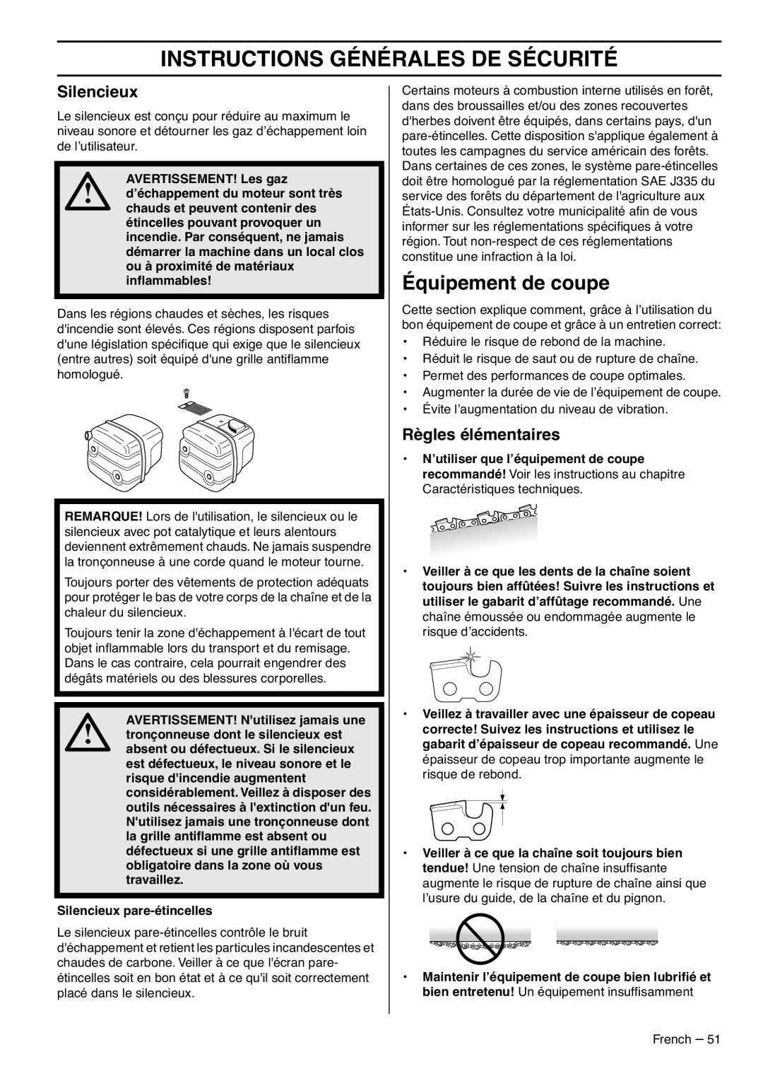 RedMax G5300 manual Équipement de coupe, Silencieux, Règles élémentaires 