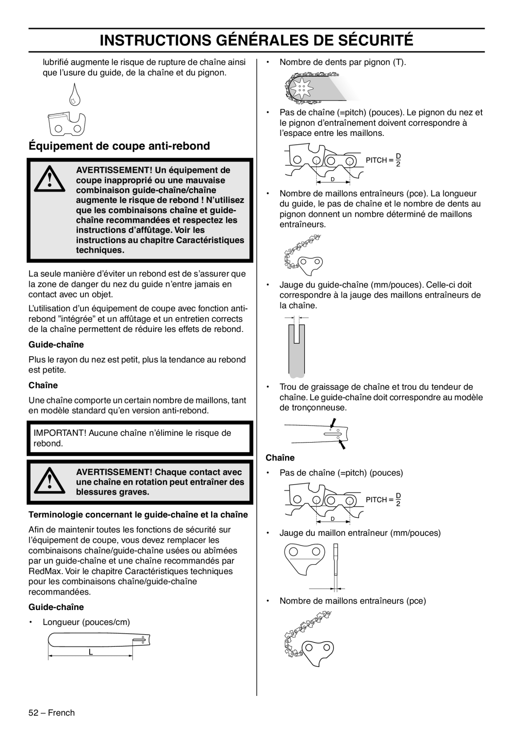 RedMax G5300 manual Équipement de coupe anti-rebond, Guide-chaîne, Chaîne 