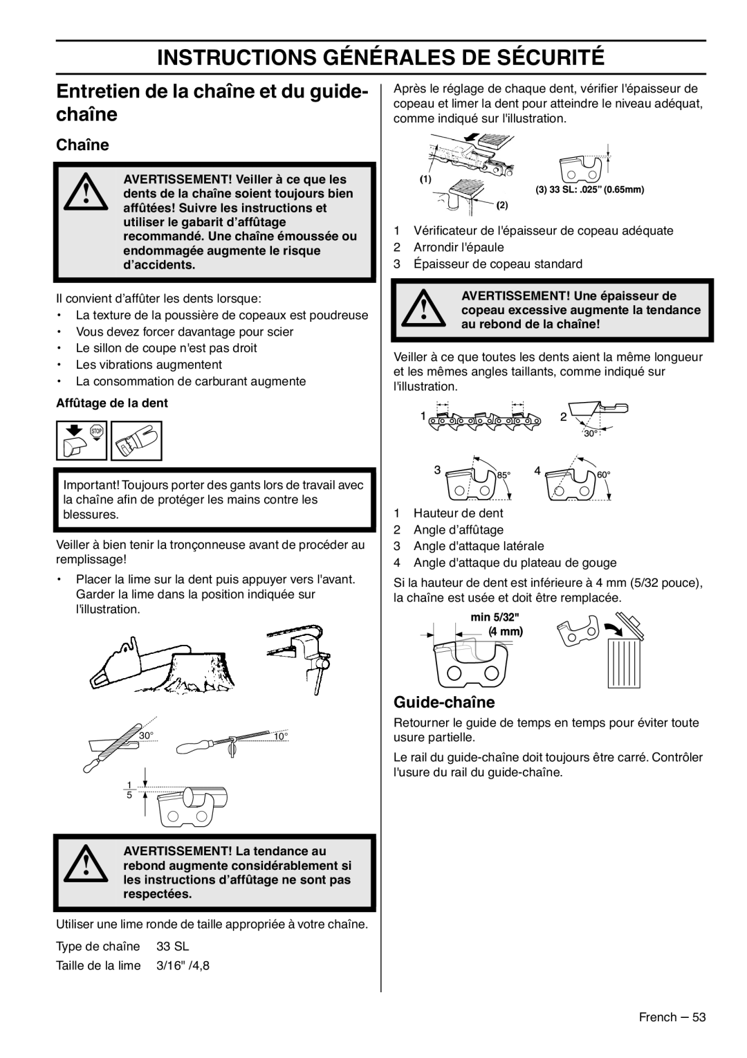 RedMax G5300 manual Entretien de la chaîne et du guide- chaîne, Chaîne, Guide-chaîne, Affûtage de la dent 