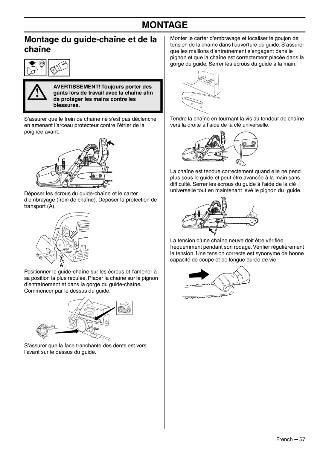 RedMax G5300 manual Montage du guide-chaîne et de la chaîne 