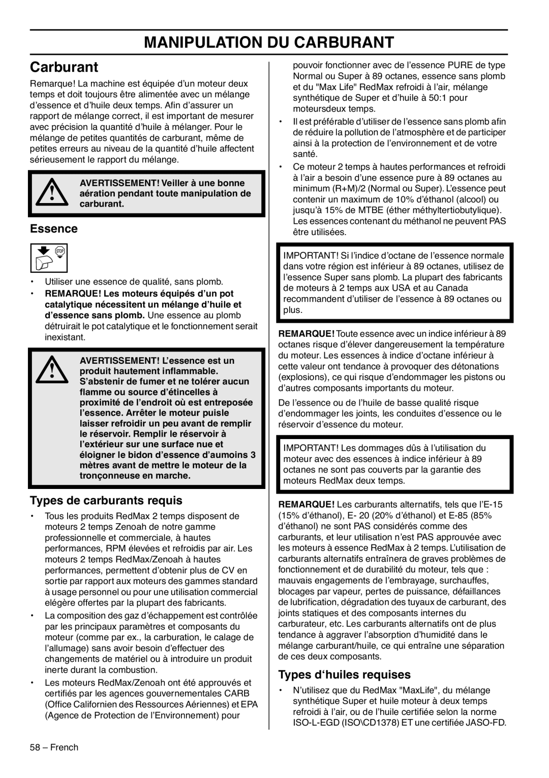 RedMax G5300 manual Manipulation DU Carburant, Essence, Types de carburants requis, Types d‘huiles requises 