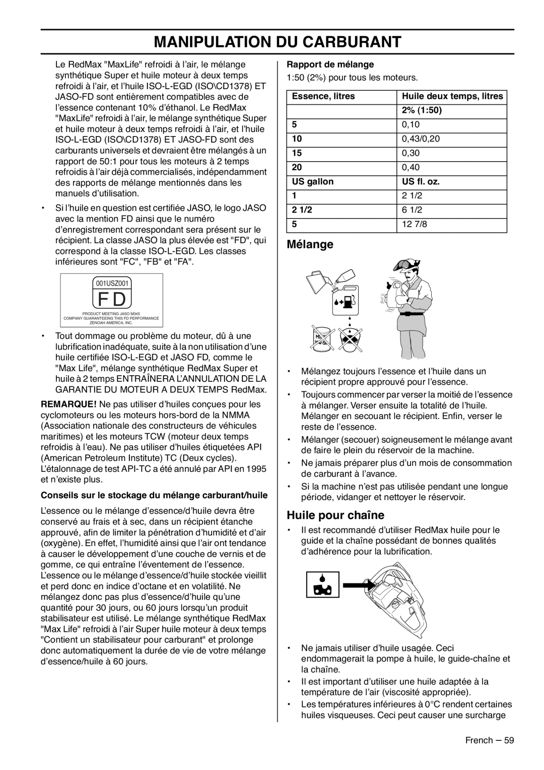 RedMax G5300 manual Mélange, Huile pour chaîne, Conseils sur le stockage du mélange carburant/huile, Rapport de mélange 