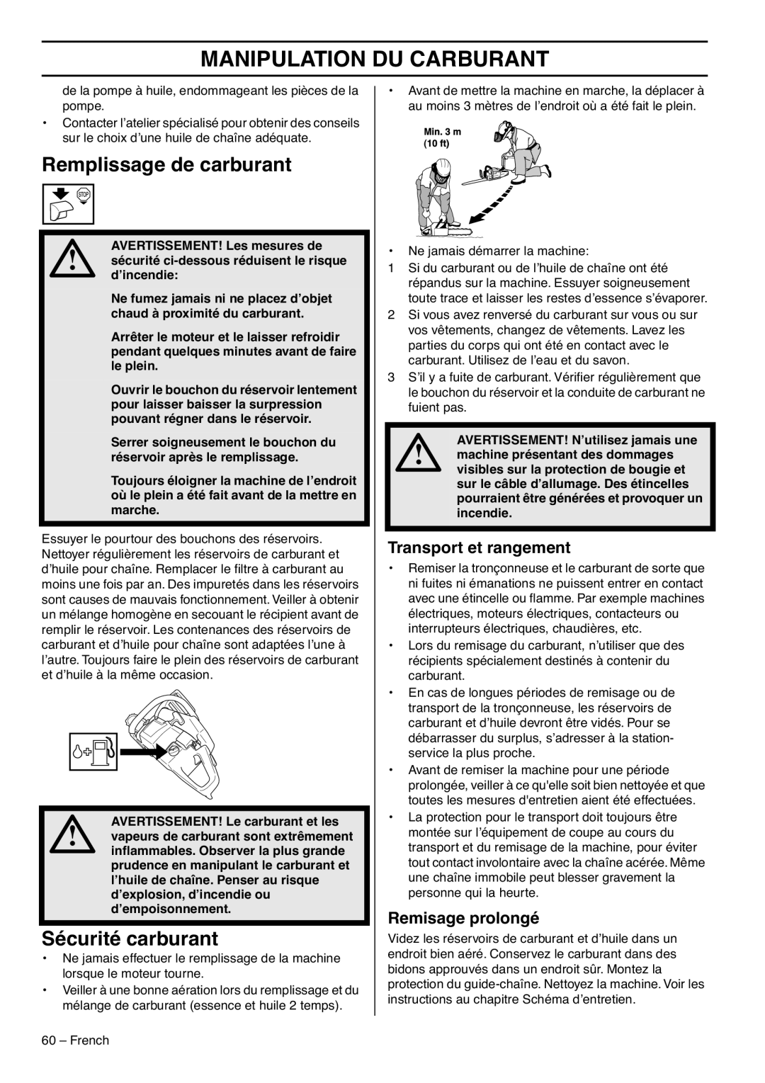 RedMax G5300 manual Remplissage de carburant, Sécurité carburant, Transport et rangement, Remisage prolongé 