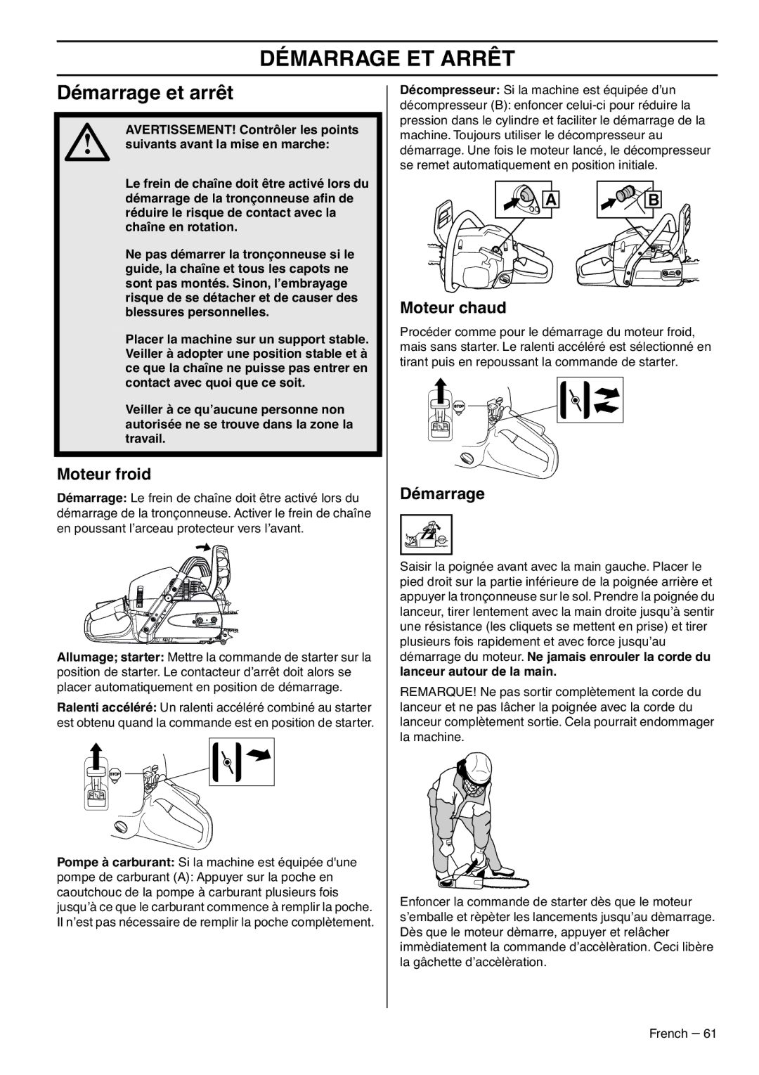 RedMax G5300 manual Démarrage ET Arrêt, Démarrage et arrêt, Moteur froid, Moteur chaud 