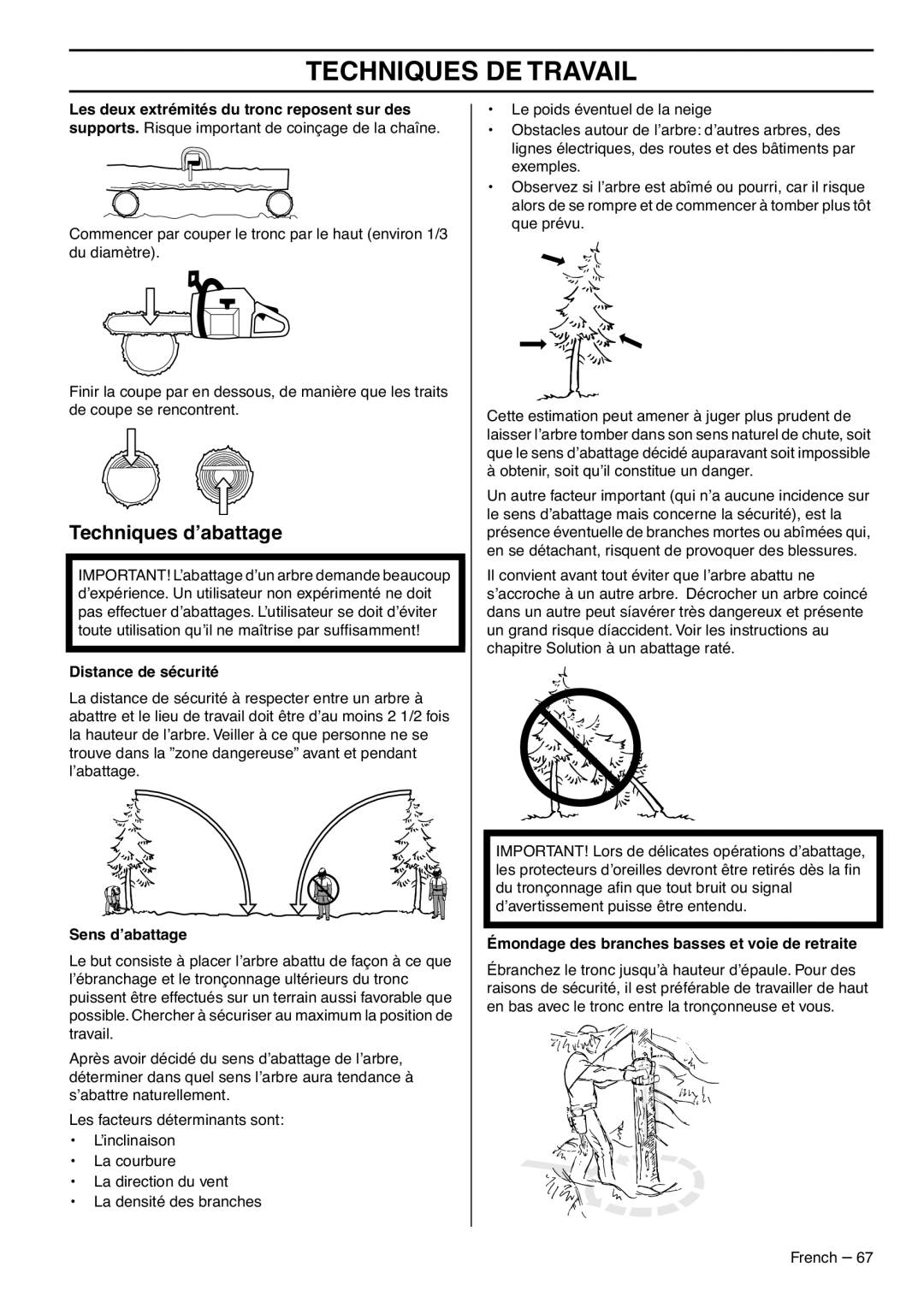 RedMax G5300 manual Techniques d’abattage, Distance de sécurité, Sens d’abattage 