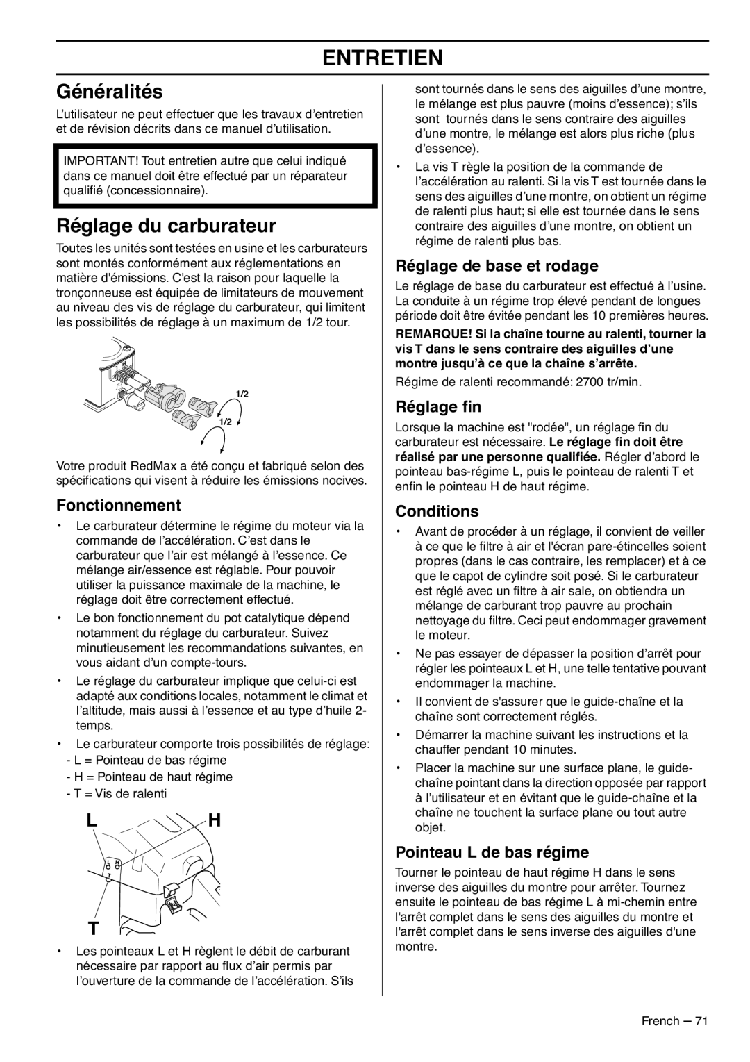 RedMax G5300 manual Entretien, Généralités, Réglage du carburateur 