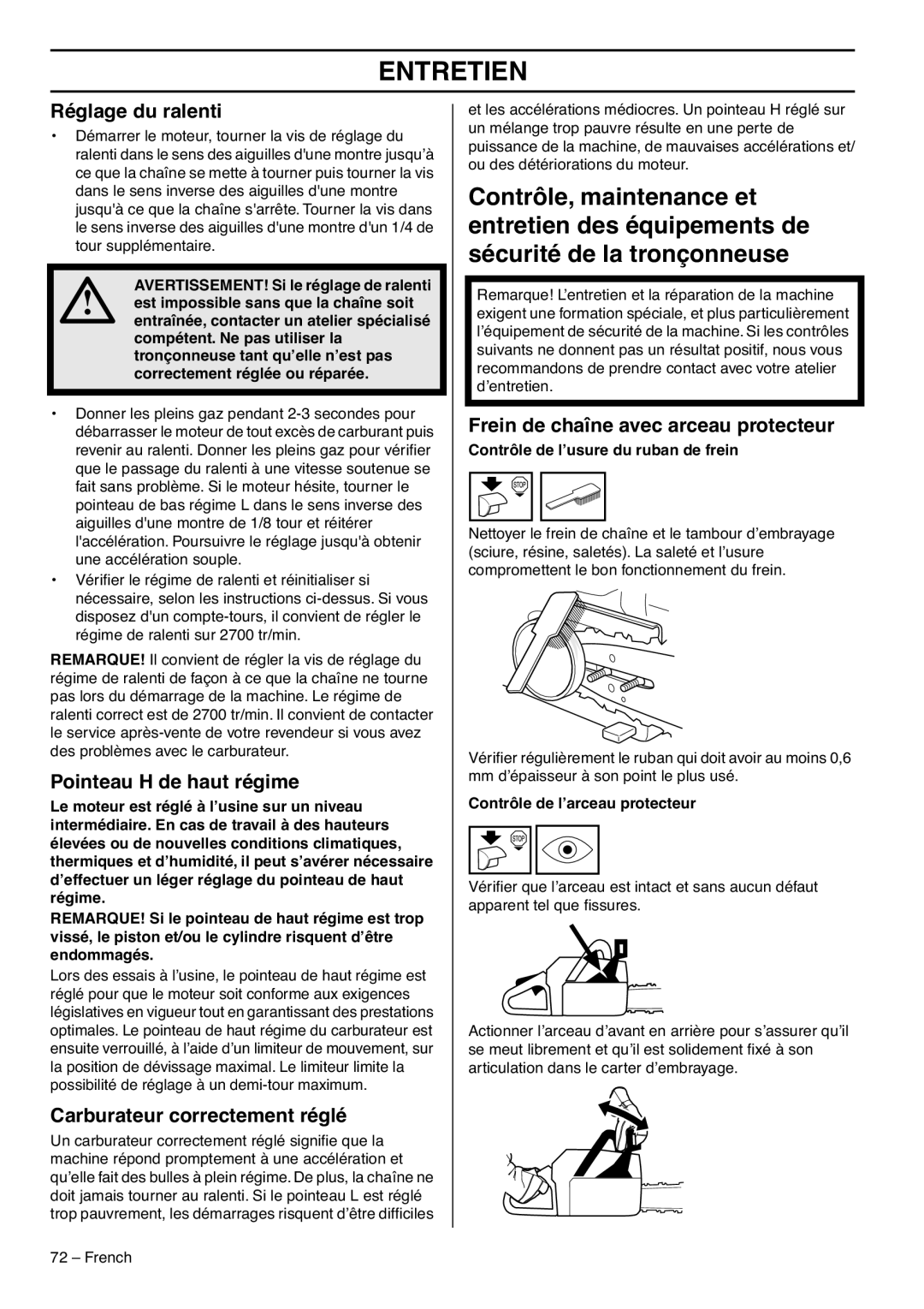 RedMax G5300 manual Réglage du ralenti, Pointeau H de haut régime, Carburateur correctement réglé 