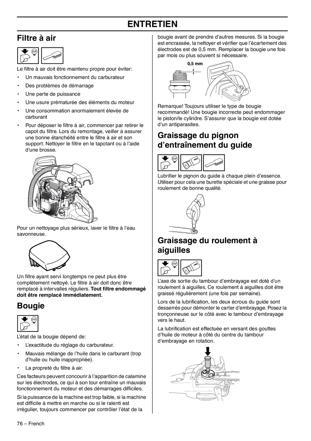 RedMax G5300 manual Filtre à air, Bougie, Graissage du pignon d’entraînement du guide, Graissage du roulement à aiguilles 