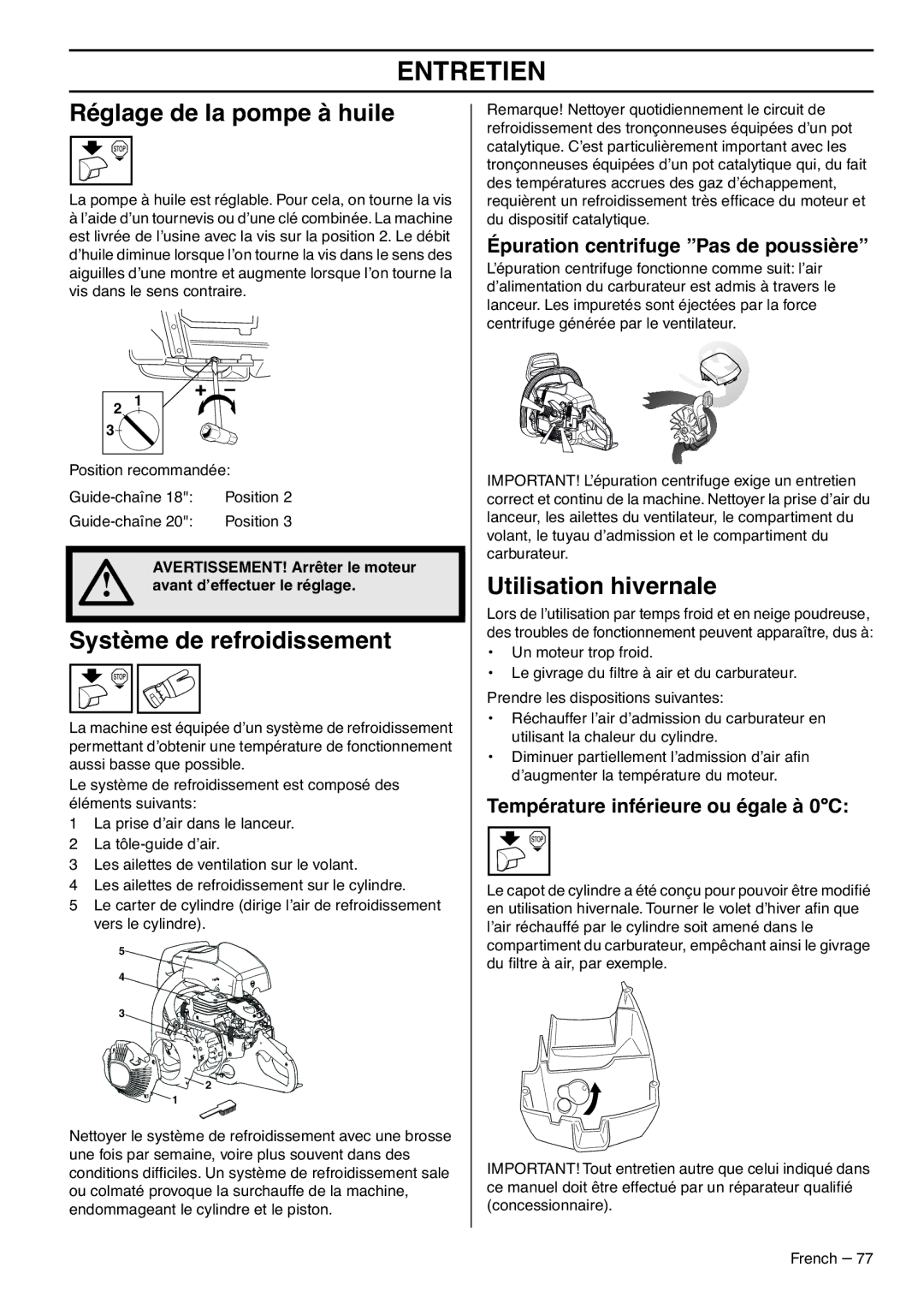 RedMax G5300 manual Réglage de la pompe à huile, Système de refroidissement, Utilisation hivernale 