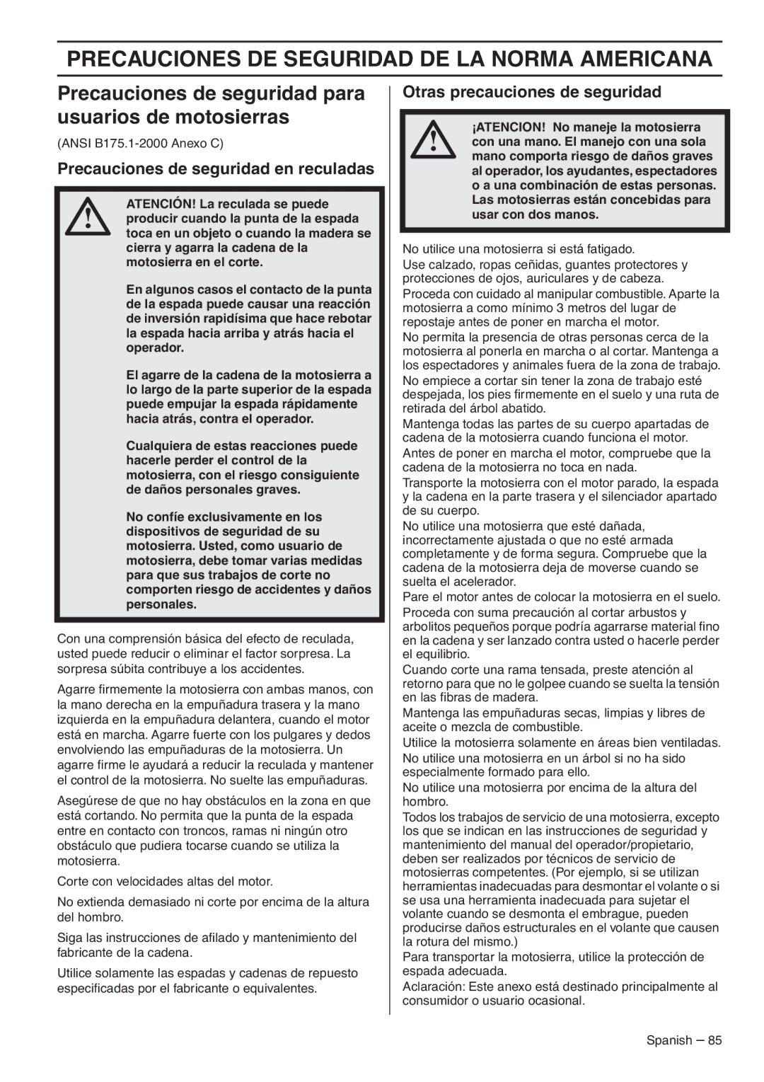 RedMax G5300 manual Precauciones DE Seguridad DE LA Norma Americana, Precauciones de seguridad para usuarios de motosierras 