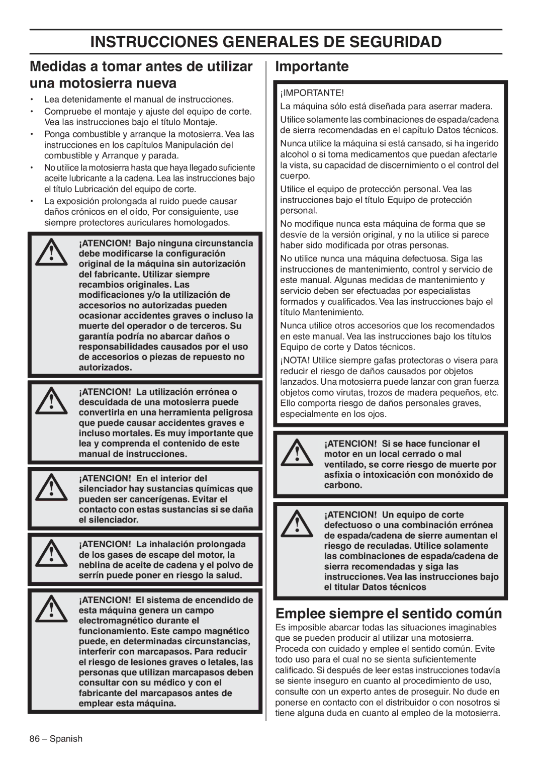 RedMax G5300 Instrucciones Generales DE Seguridad, Medidas a tomar antes de utilizar una motosierra nueva, Importante 