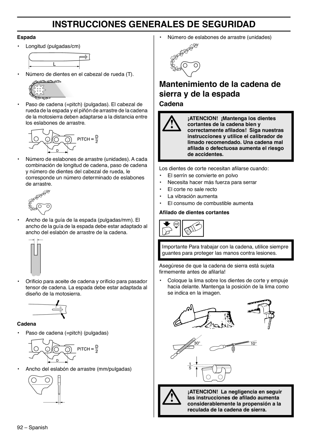 RedMax G5300 manual Mantenimiento de la cadena de sierra y de la espada, Cadena, Aﬁlado de dientes cortantes 