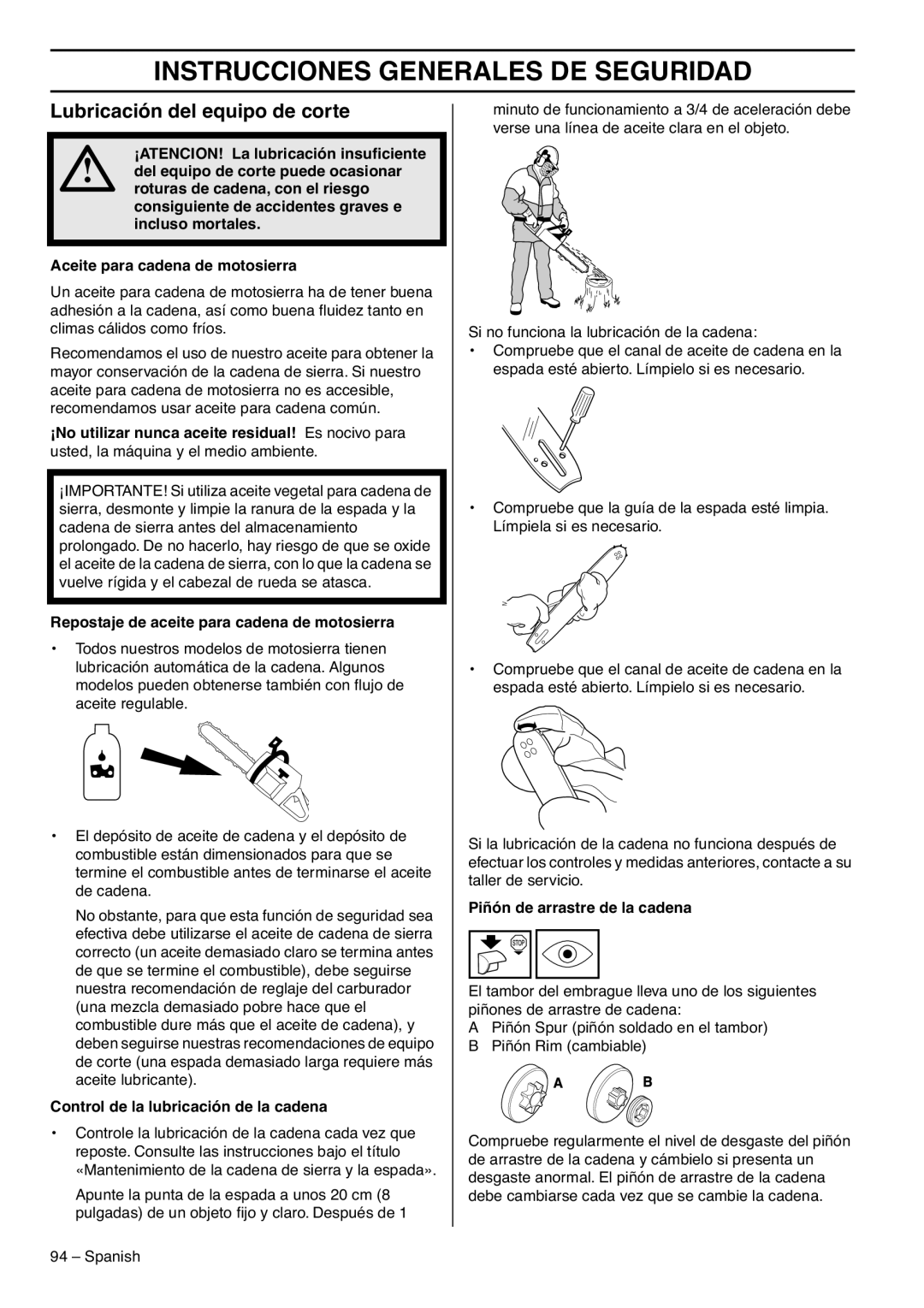 RedMax G5300 manual Lubricación del equipo de corte, Repostaje de aceite para cadena de motosierra 