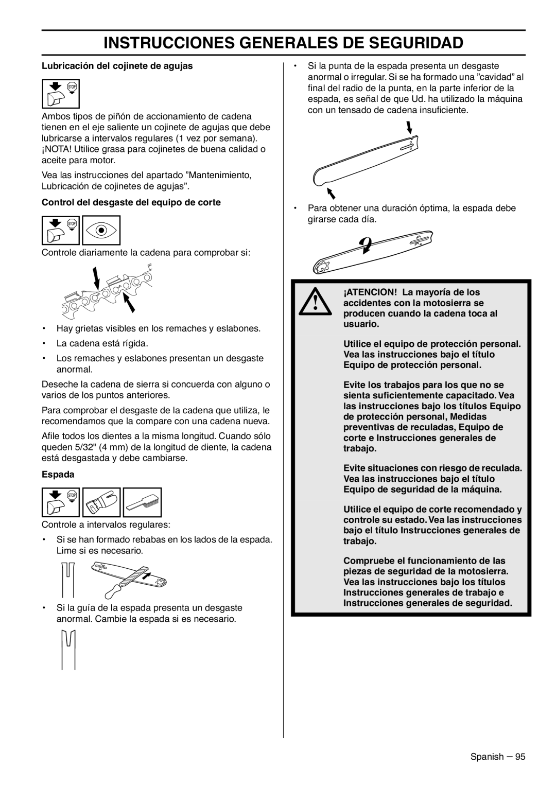 RedMax G5300 manual Lubricación del cojinete de agujas, Control del desgaste del equipo de corte 