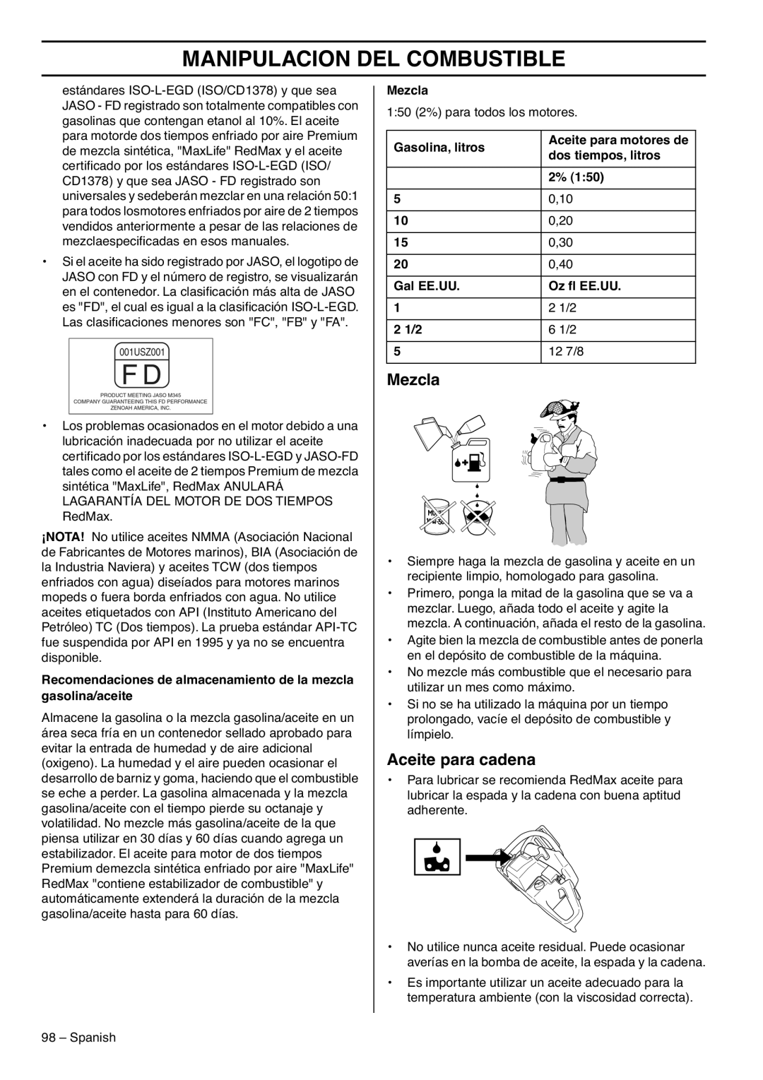 RedMax G5300 manual Mezcla, Aceite para cadena 