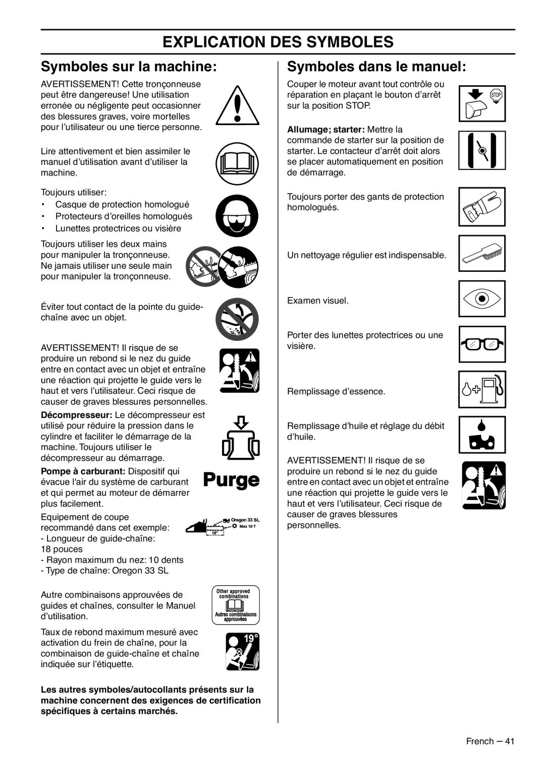 RedMax G5300 manual Explication Des Symboles, Symboles sur la machine, Symboles dans le manuel 
