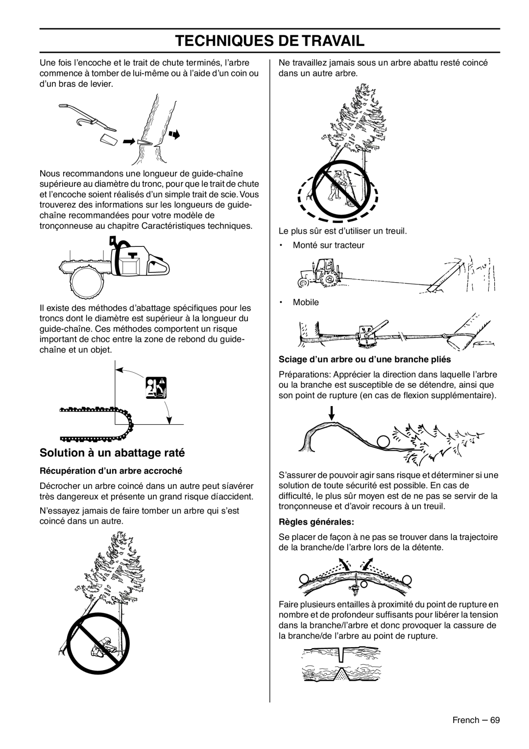 RedMax G5300 manual Solution à un abattage raté, Techniques De Travail, Récupération d’un arbre accroché, Règles générales 