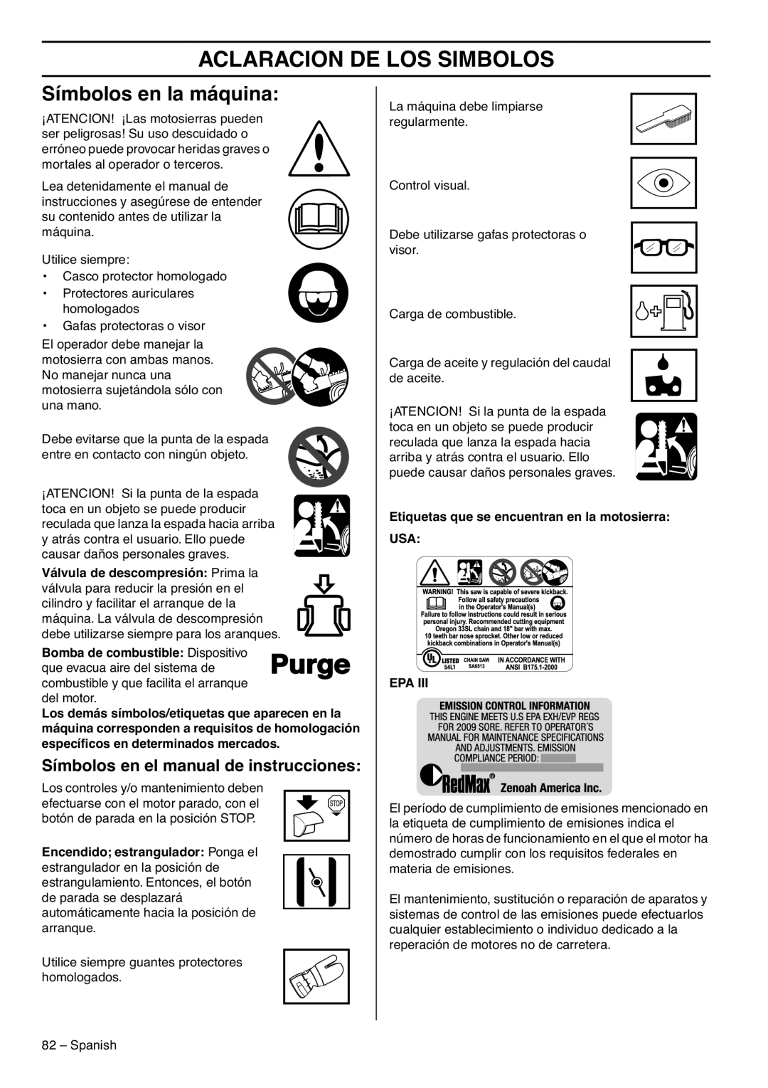 RedMax G5300 Aclaracion De Los Simbolos, Símbolos en la máquina, Símbolos en el manual de instrucciones 