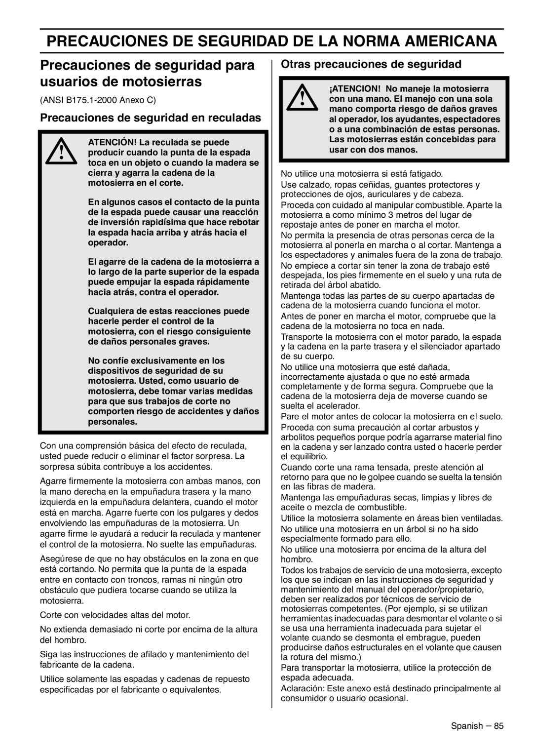 RedMax G5300 manual Precauciones De Seguridad De La Norma Americana, Precauciones de seguridad para usuarios de motosierras 