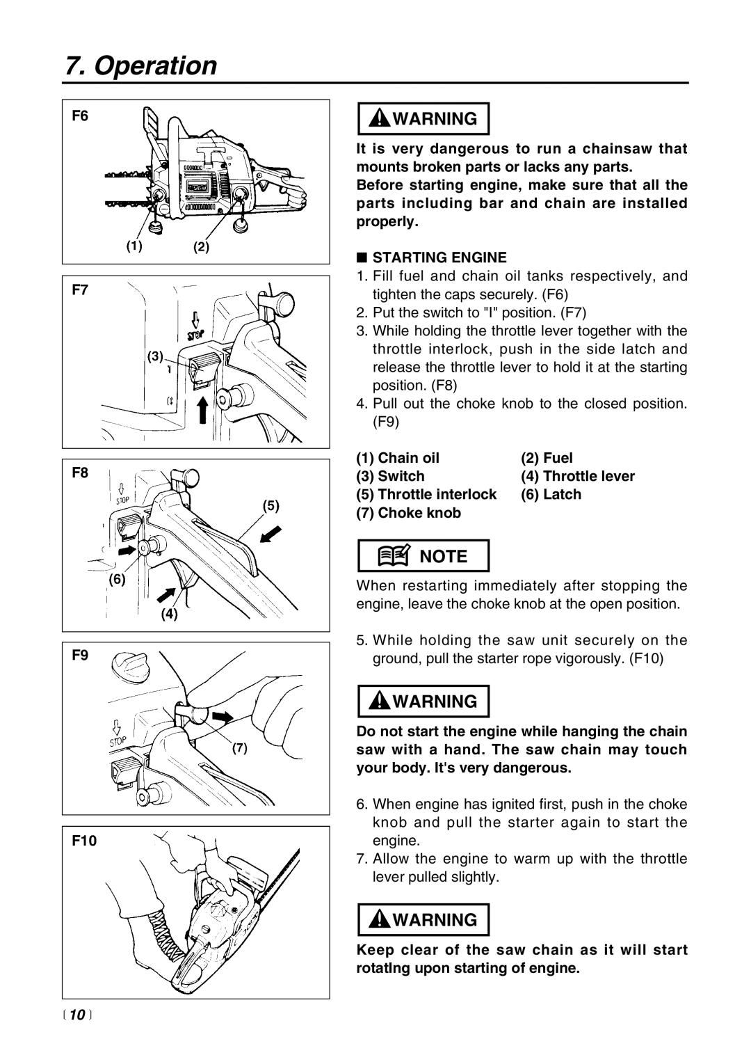 RedMax G621AVS manual Operation, Starting Engine, Chain oil Fuel Switch, Throttle interlock Latch Choke knob 