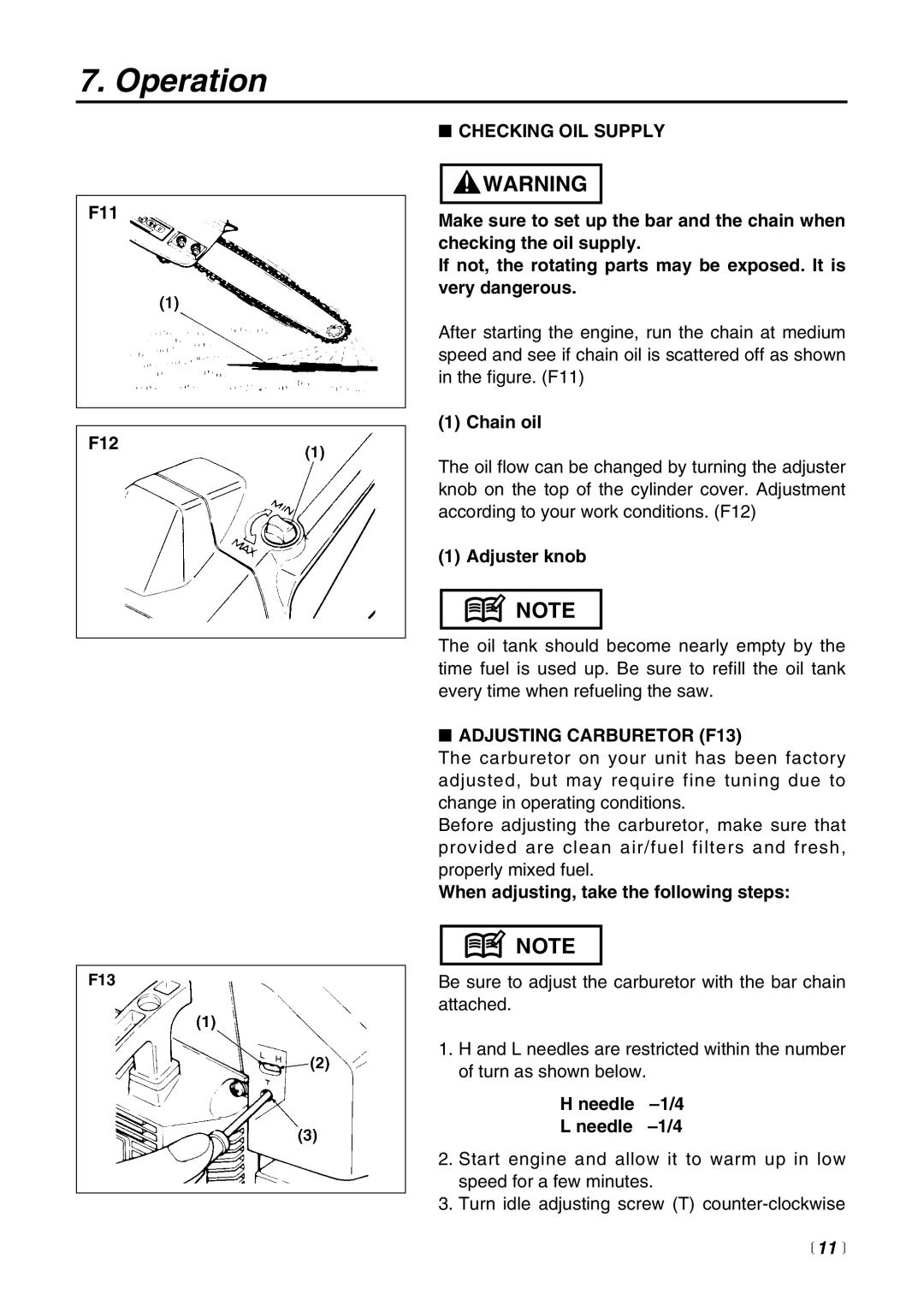 RedMax G621AVS manual Checking OIL Supply, Adjusting Carburetor F13 