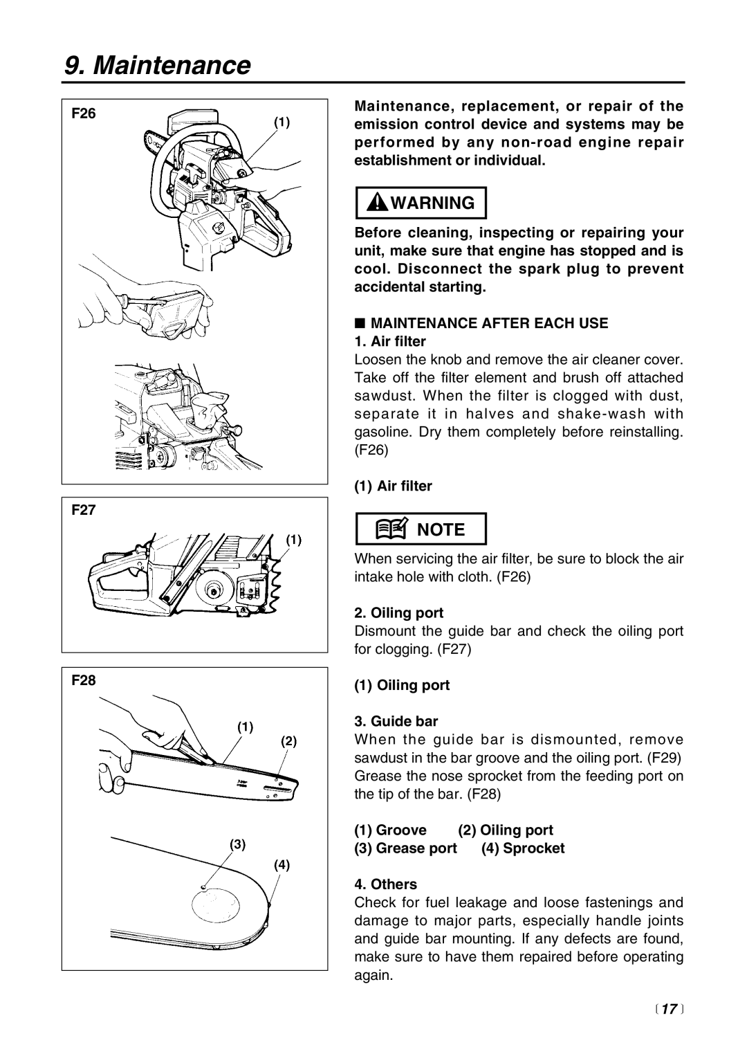 RedMax G621AVS Maintenance After Each USE, Oiling port Guide bar, Groove Oiling port Grease port Sprocket Others 