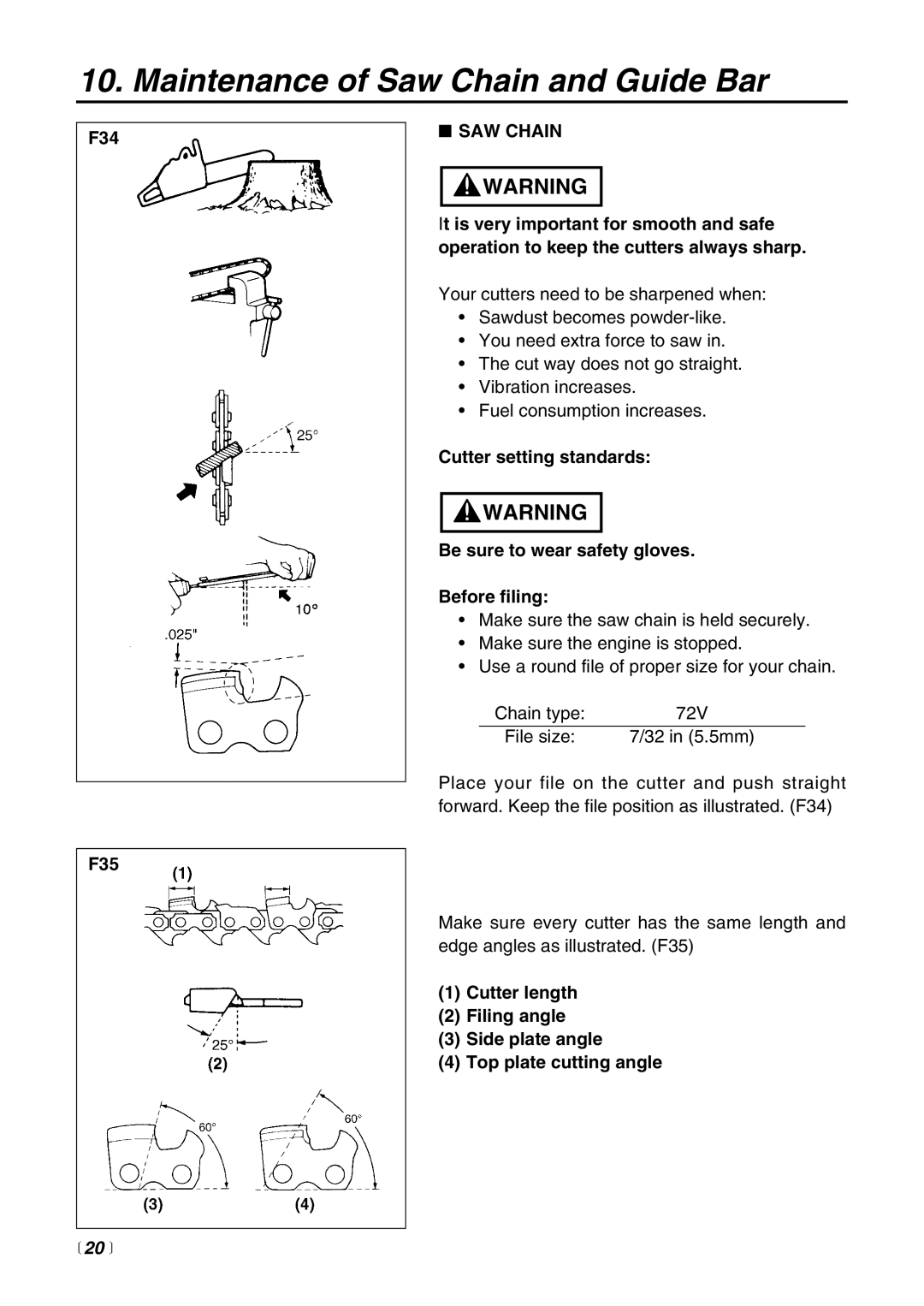 RedMax G621AVS manual Maintenance of Saw Chain and Guide Bar, F34 F35, SAW Chain 