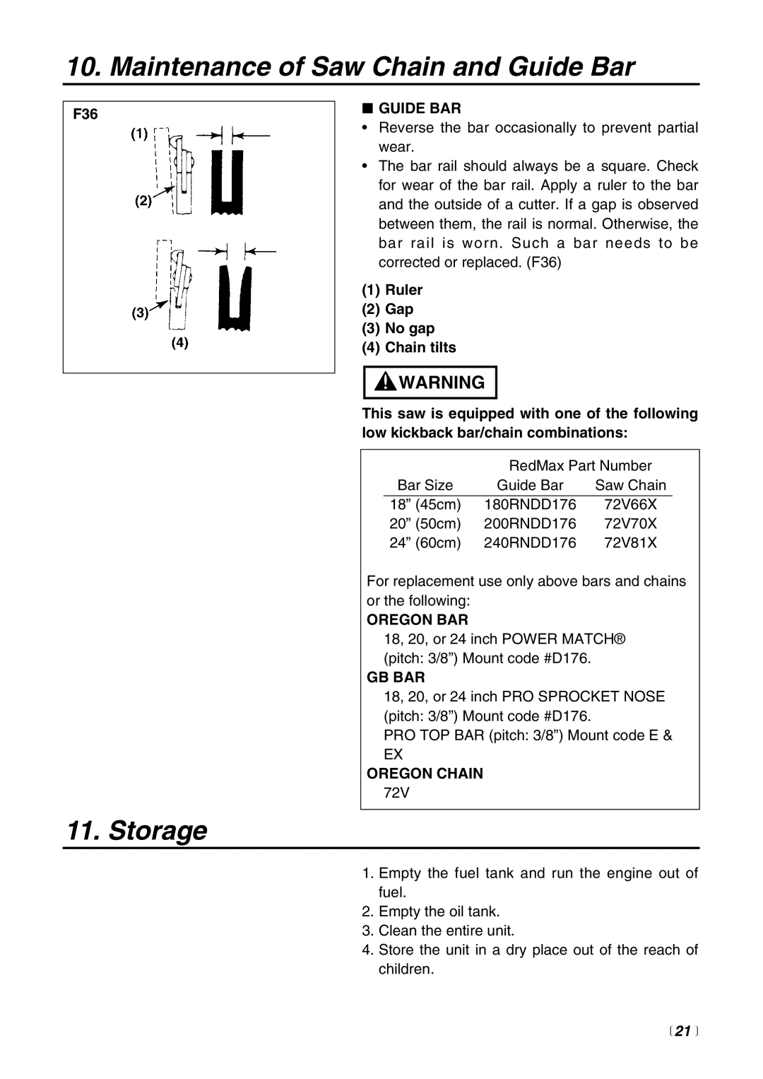 RedMax G621AVS manual Storage, Guide BAR, Oregon BAR, Gb Bar, Oregon Chain 