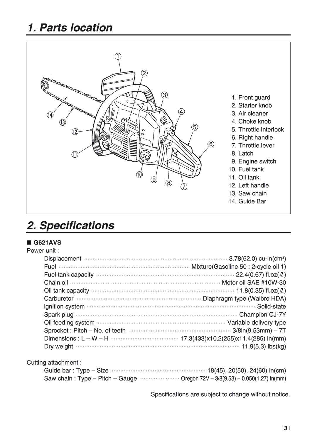 RedMax manual Parts location, Specifications, G621AVS Power unit 