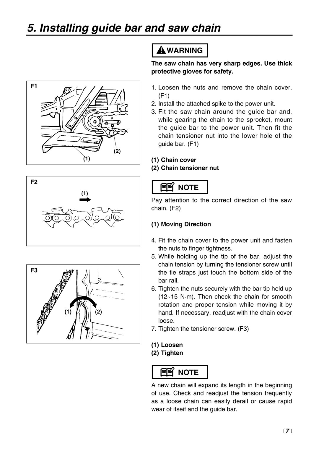 RedMax G621AVS manual Installing guide bar and saw chain, Chain cover Chain tensioner nut, Moving Direction, Loosen Tighten 