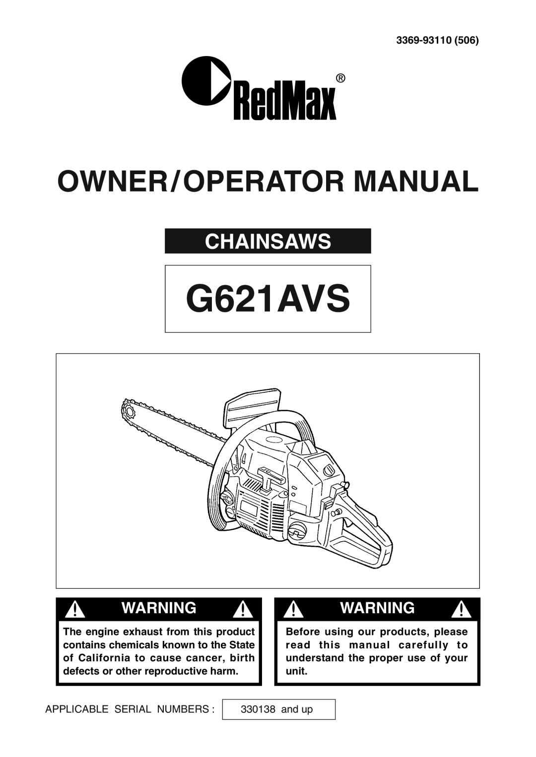 RedMax G621AVS manual Chainsaws, Owner/Operator Manual 