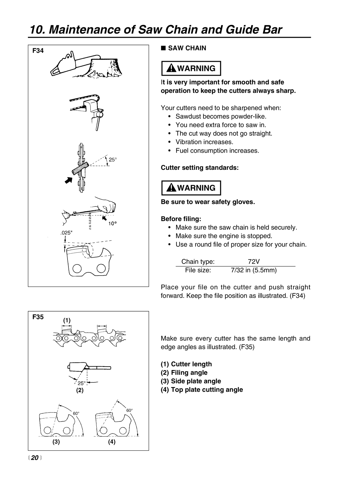RedMax G621AVS manual Maintenance of Saw Chain and Guide Bar,  20  