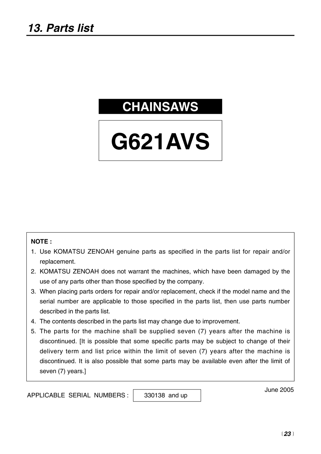 RedMax G621AVS manual Parts list,  23 , Chainsaws 