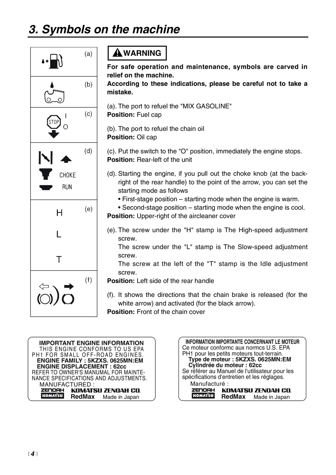 RedMax G621AVS manual Symbols on the machine,  4  