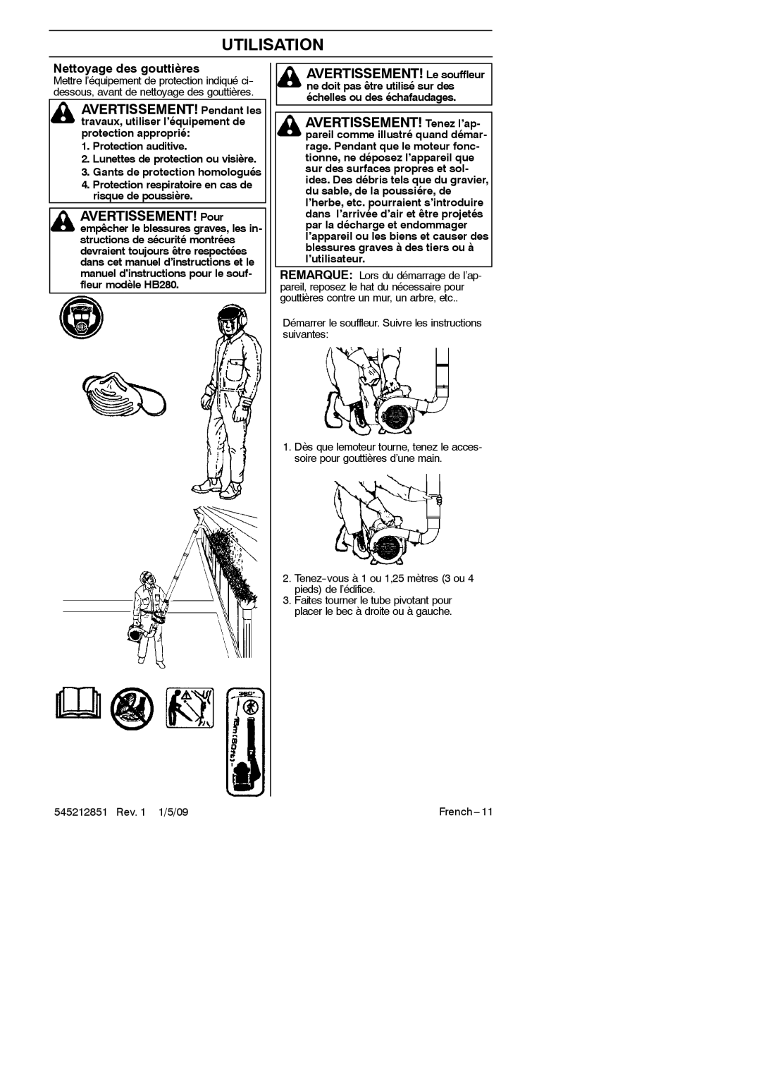 RedMax GK-280 manual Utilisation, AVERTISSEMENT! Pendant les, AVERTISSEMENT! Pour, AVERTISSEMENT! Le souffleur 