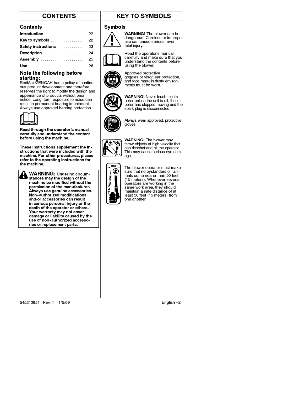 RedMax GK-280 manual Contents, KEY to Symbols 