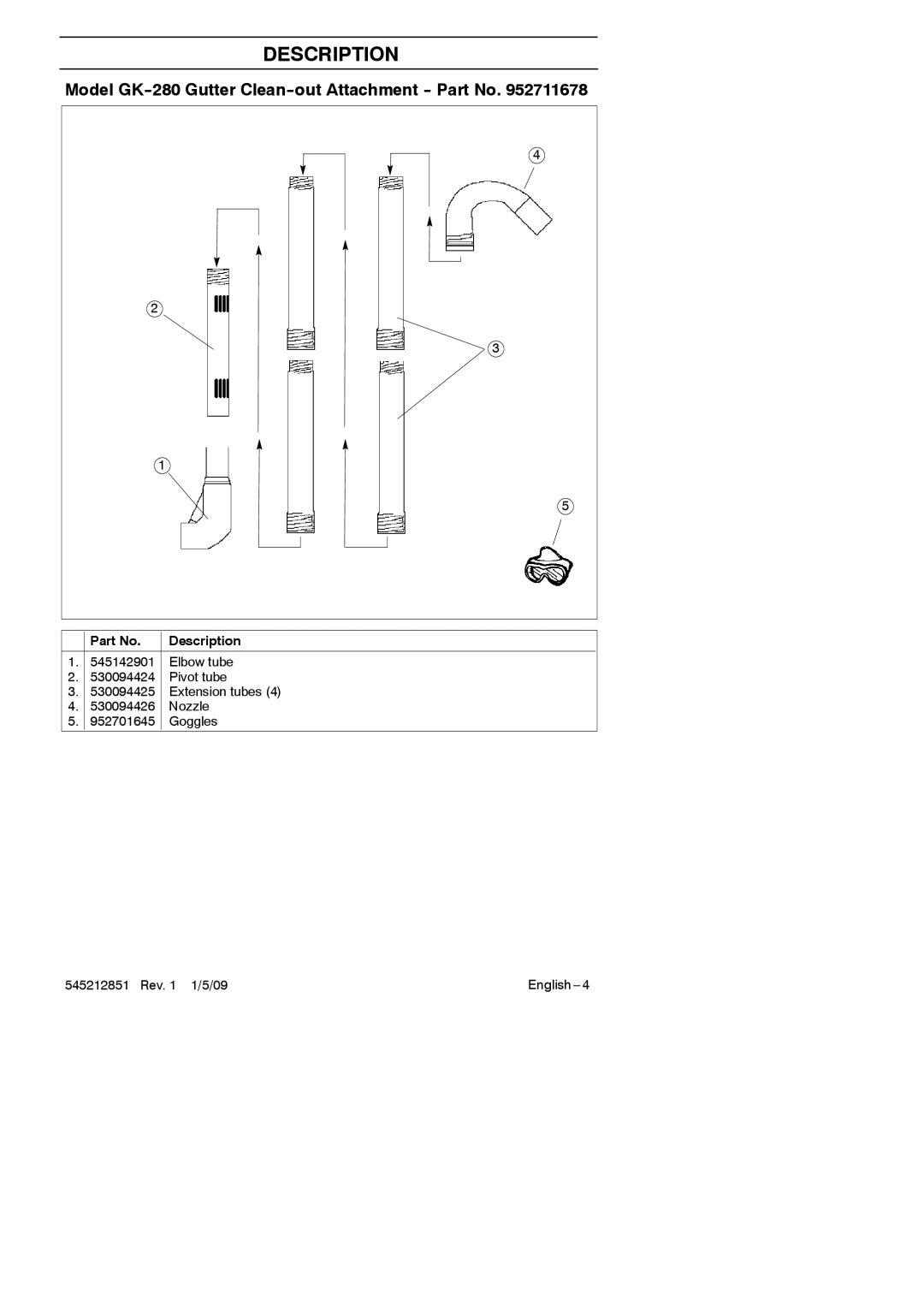 RedMax GK-280 manual Description, Model GK--280 Gutter Clean--out Attachment -- Part No 