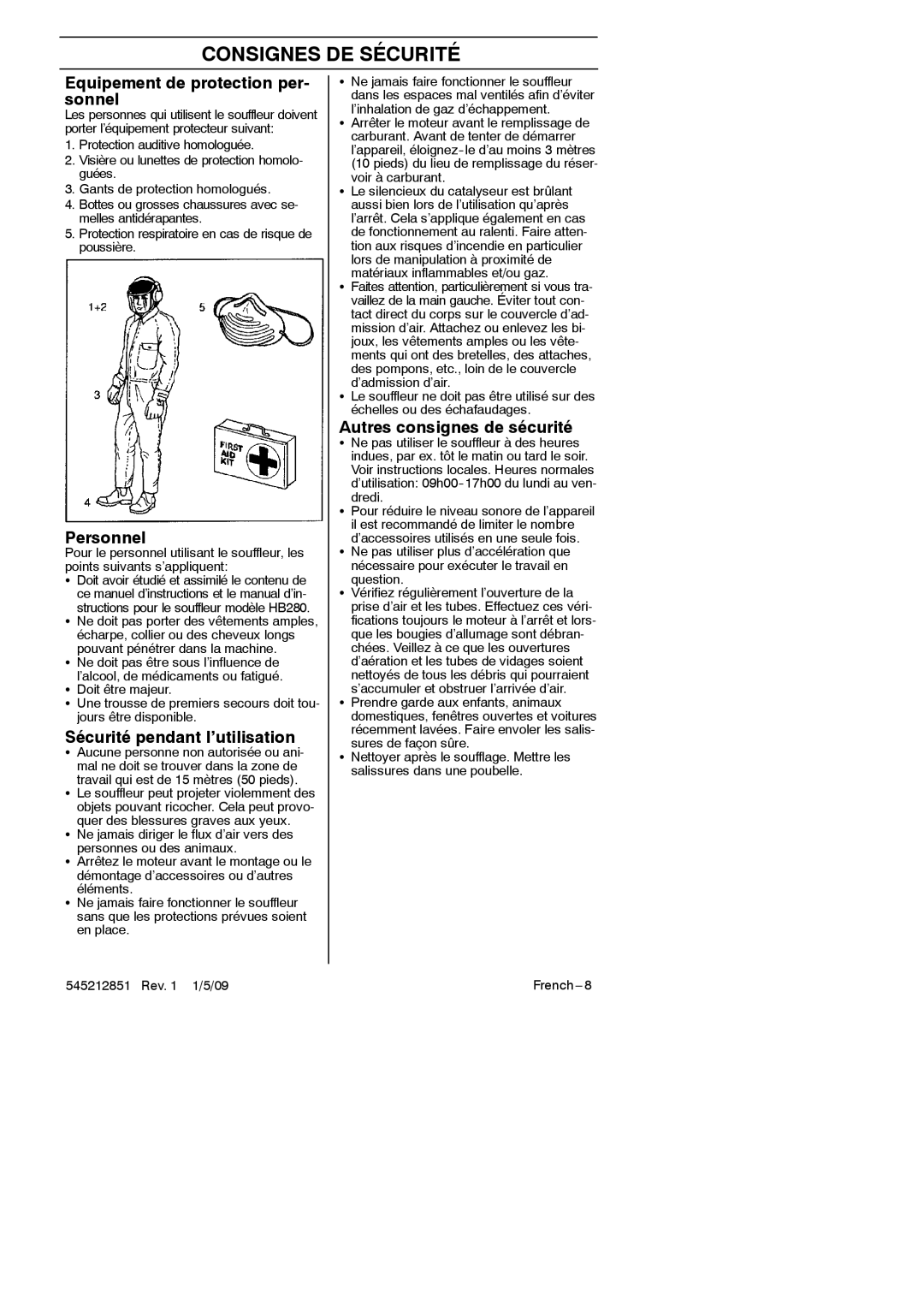 RedMax GK-280 manual Consignes DE Sécurité, Equipement de protection per- sonnel, Personnel, Sécurité pendant l’utilisation 