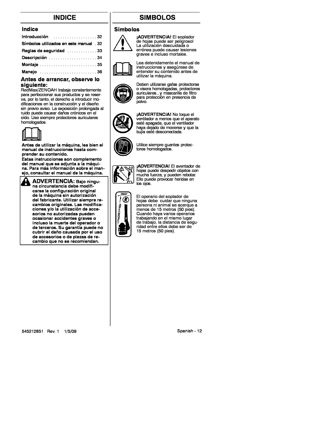 RedMax GK-280 manual Indice, Simbolos, Antes de arrancar, observe lo siguiente, ADVERTENCIA Bajo ningu, Símbolos 