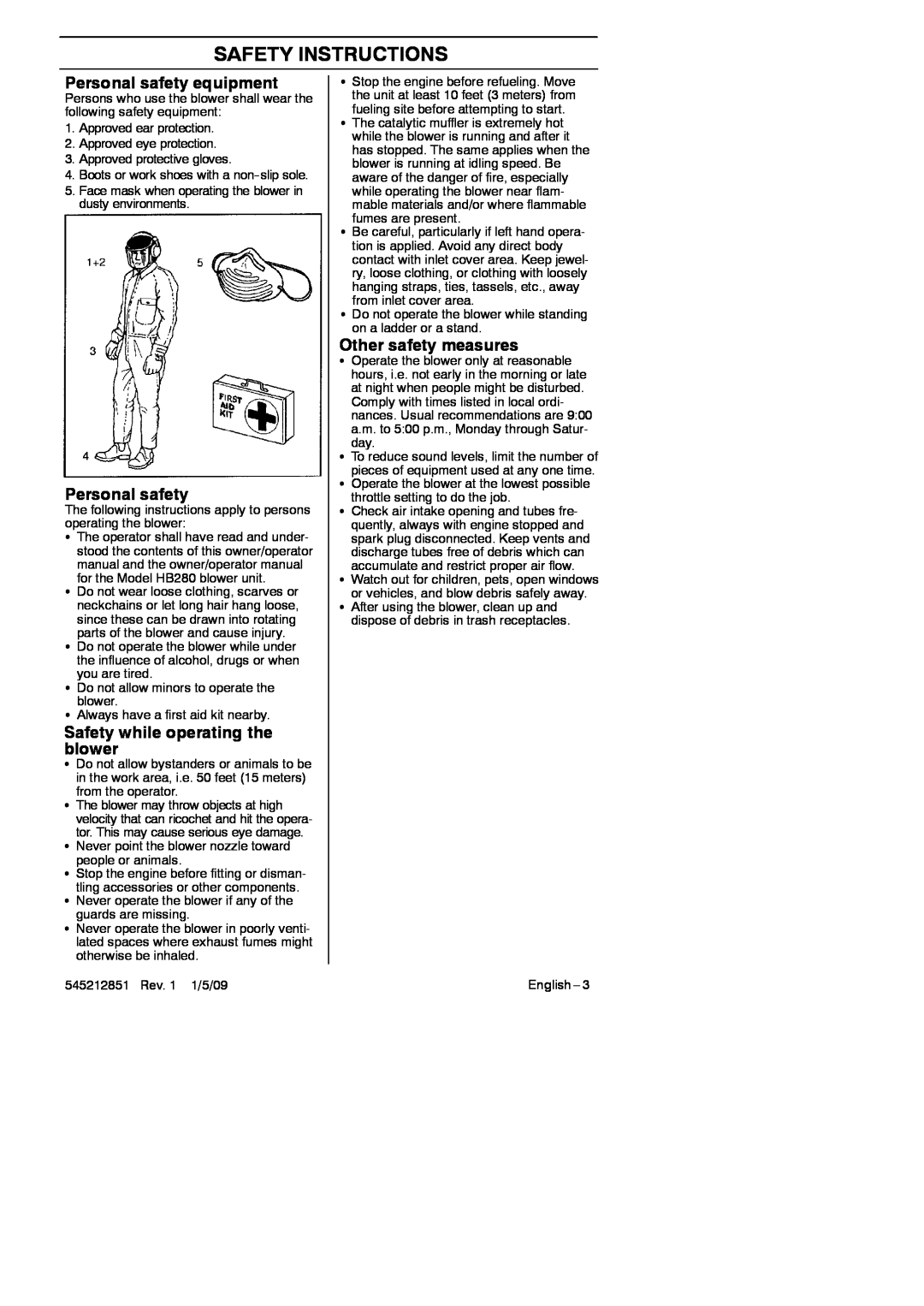 RedMax GK-280 Safety Instructions, Personal safety equipment, Safety while operating the blower, Other safety measures 