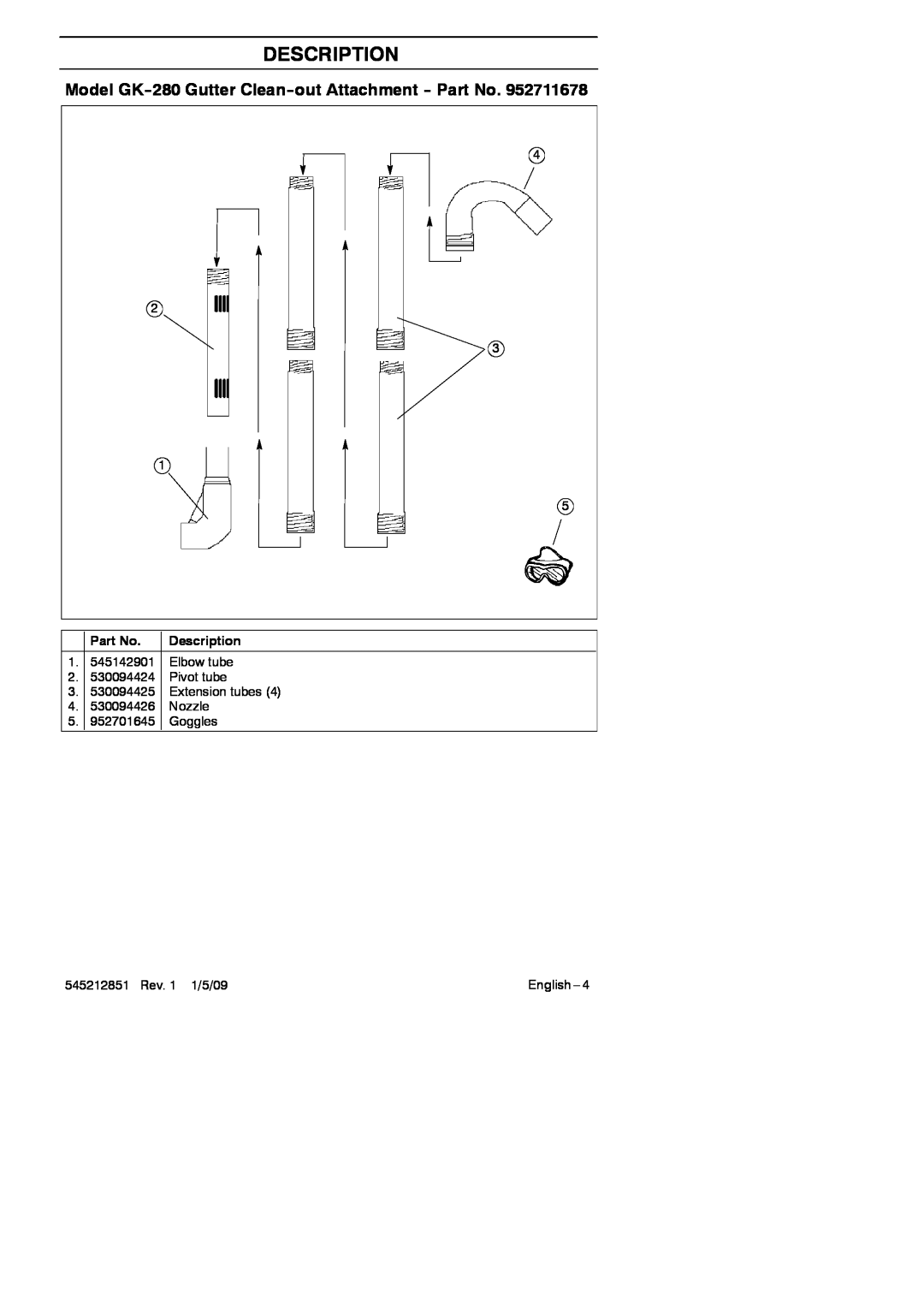 RedMax GK-280 manual Description, Model GK--280 Gutter Clean--out Attachment -- Part No, 545212851 Rev. 1 1/5/09, English 
