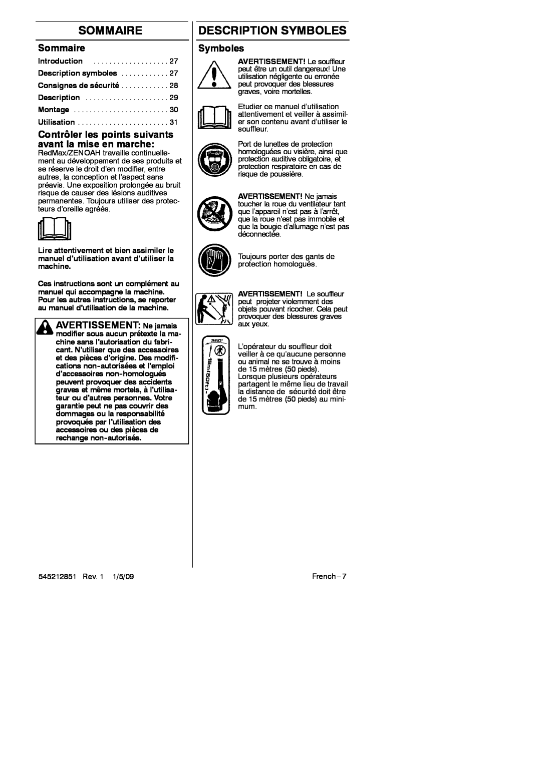 RedMax GK-280 manual Sommaire, Description Symboles, Contrôler les points suivants avant la mise en marche 