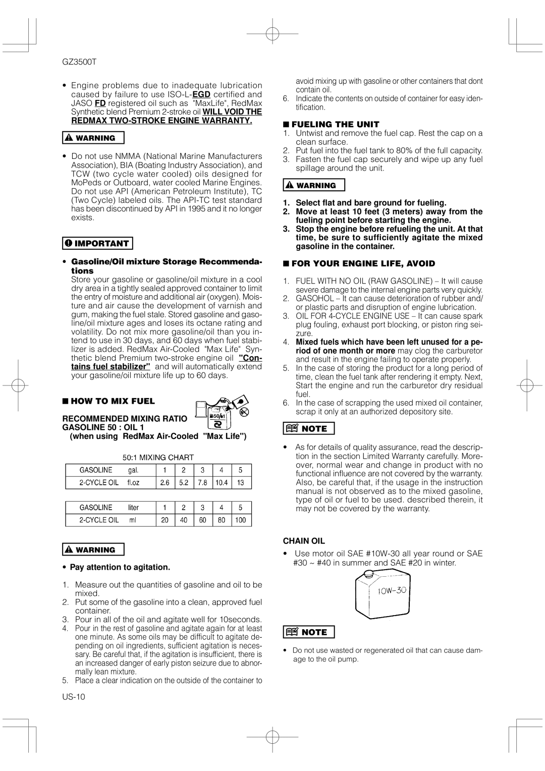 RedMax GZ3500T Redmax TWO-STROKE Engine Warranty, HOW to MIX Fuel Recommended Mixing Ratio Gasoline 50 OIL, Chain OIL 