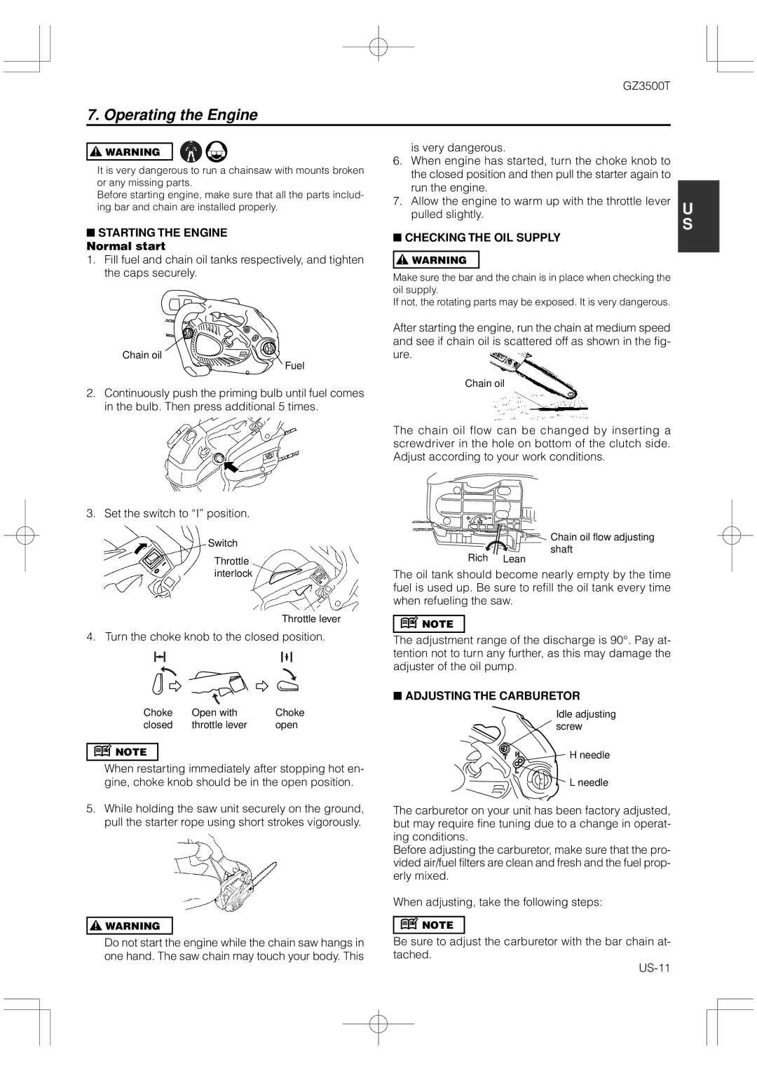 RedMax GZ3500T manual Operating the Engine, Starting the Engine Normal start, Turn the choke knob to the closed position 